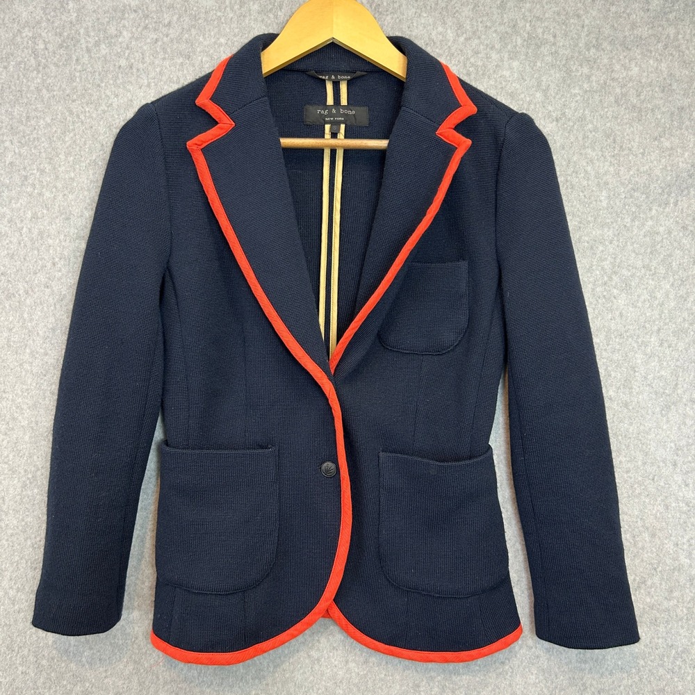 Rag & Bone Blazer Navy Blue Red Trim Merino Wool Knit Size Small Academic Preppy